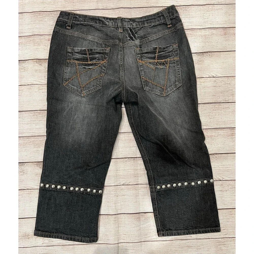 Mixit Denim Jean Cropped Capri Studded Stitch Pockets Gray 90s Y2K Size 10 - Picture 3 of 6